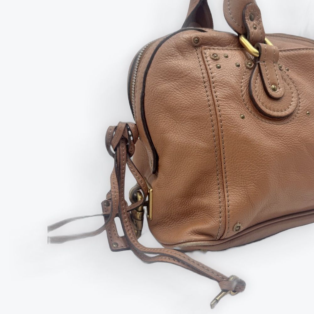 Auth Chloe Caramel Brown Leather Studded Auore Top Handle Duffel Tote Bag - Picture 2 of 16